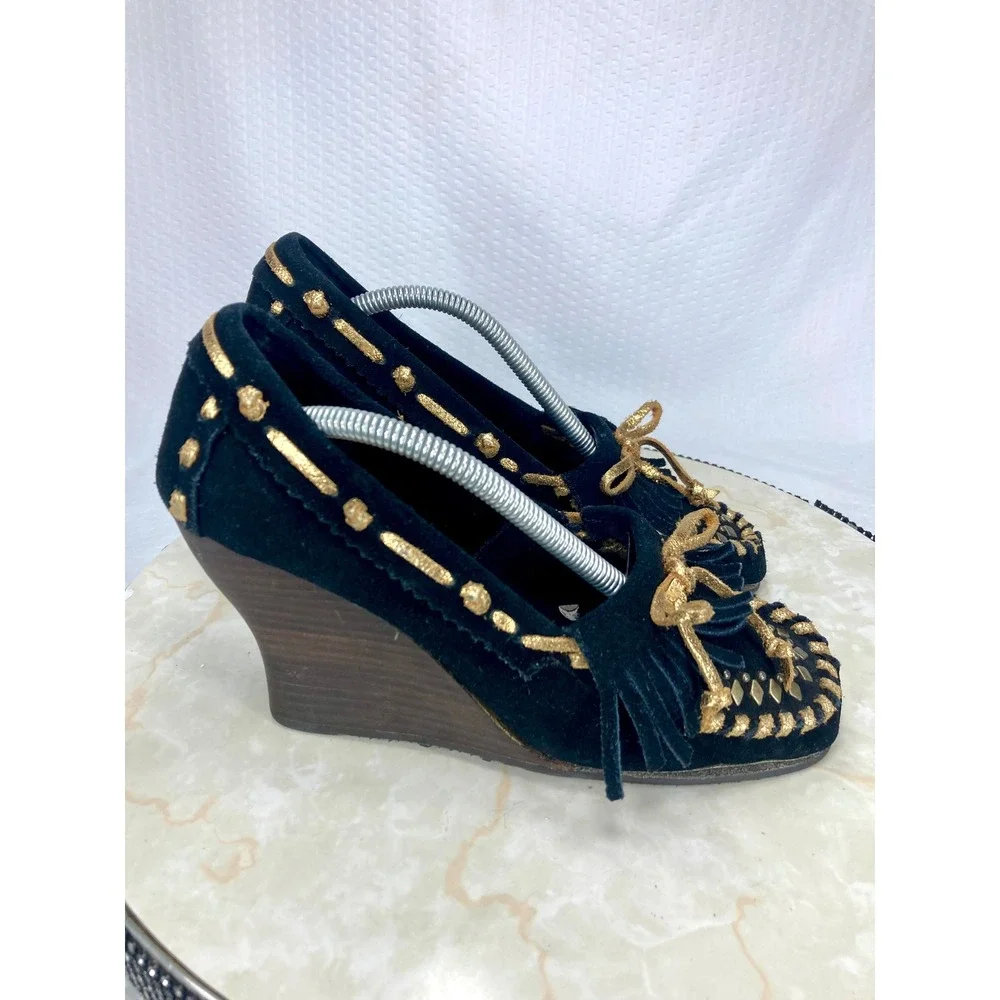 Sam Edelman Studded Fringe Moccasin Wedge Heels Womens 7.5 Black Leather Western